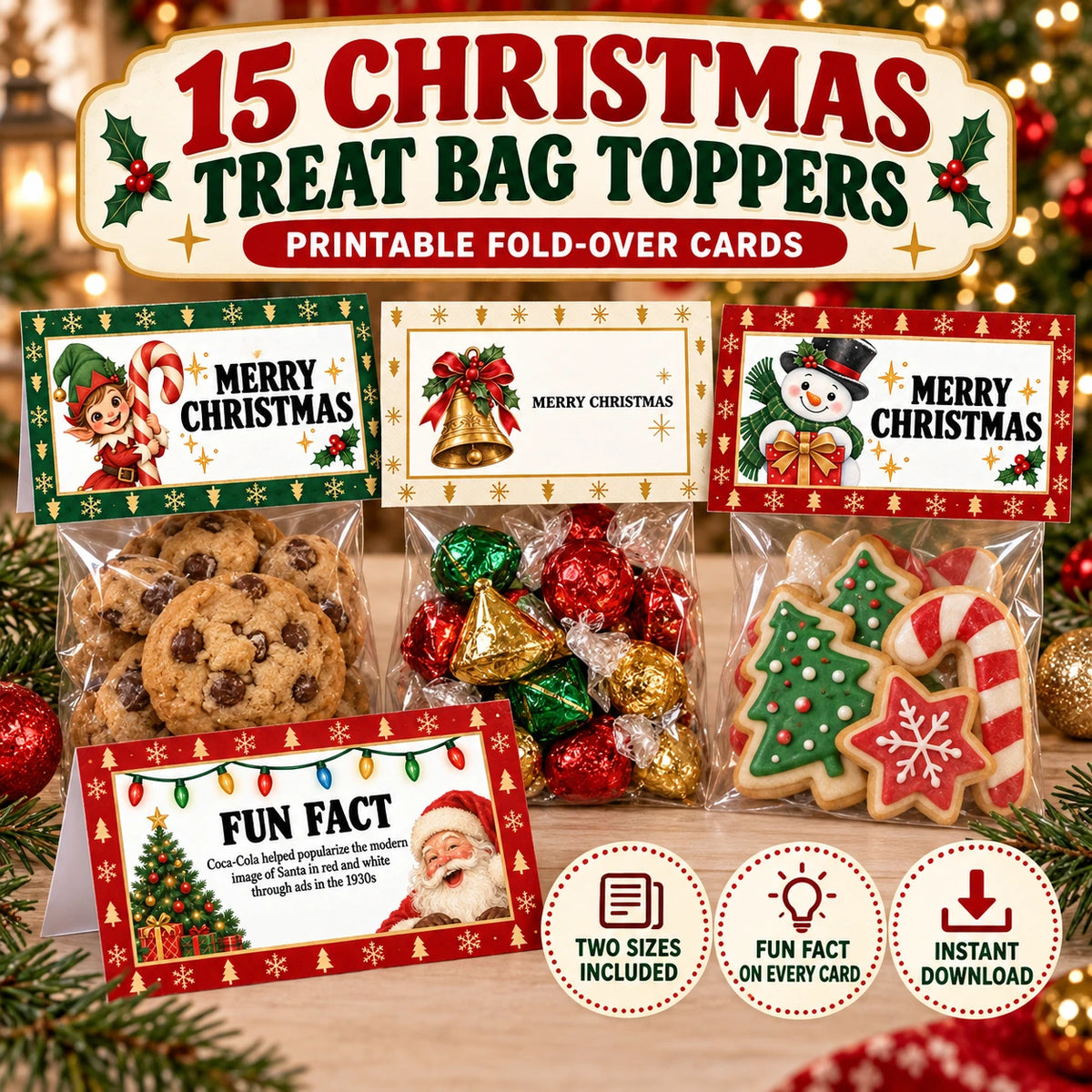 15 Christmas Treat Bag Toppers — Printable Fold-Over Cards