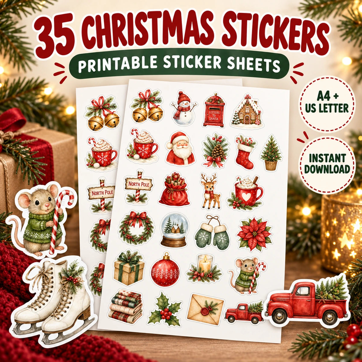 35 Christmas Stickers — Printable Sticker Sheets